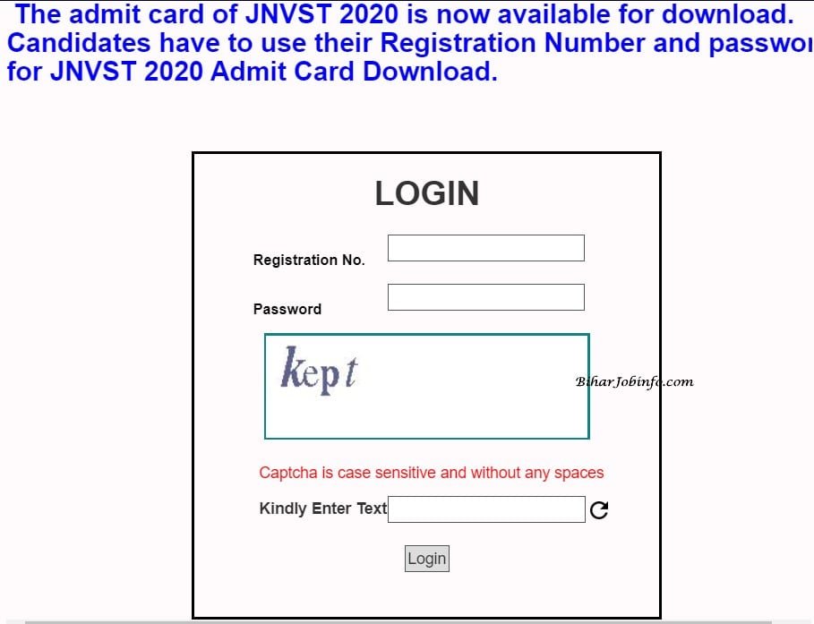 Jawahar Navodaya Vidyalaya Samiti Admit Card 2020 6th Class