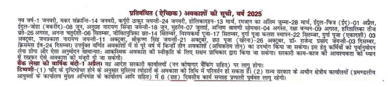 Bihar Sarkar Calendar 2025 - Holiday List